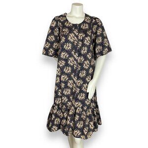 Handmade Muumuu Dress Leafy Floral Print Button-Up Ruffle Hem Purple Cream Women
